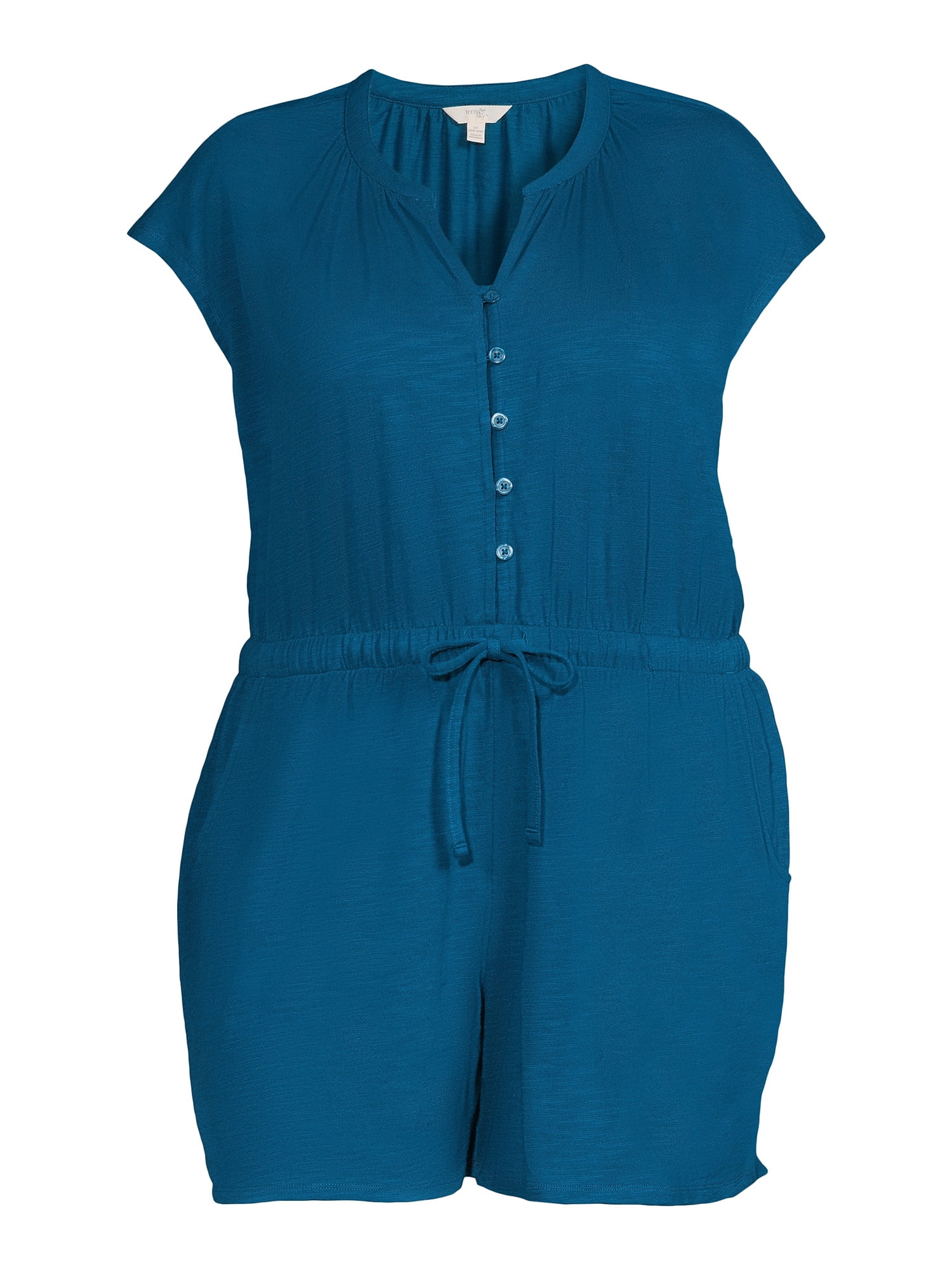 Terra & Sky Women's Plus Size Button-Front Knit Romper, 5" Inseam