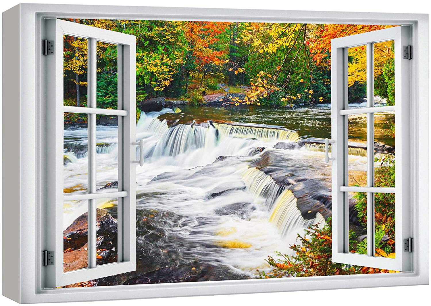 wall26 Canvas Print Wall Art Window View Rustic Autumn Fall Forest River  Rapids Wilderness Nature Photography Realism Scenic Landscape Colorful  Multicolor for Living Room, Bedroom, Office 12