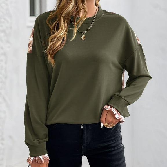 jobturf Sweatshirt for Women Plaid Color Block Pleated Long Sleeve Hoodies Ribbed Hem Crew Neck Pullover Fall Winter Casual Going Out Tops