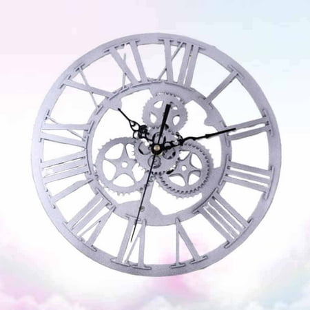 TEHAUX Creative Retro Gear Wall Clock in Silver Color Made of Wood for Timekeeping 10.2 Inches