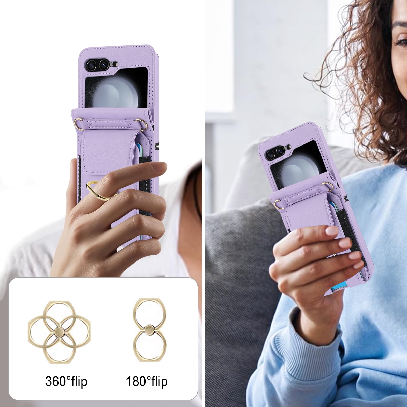 for Motorola Razr 60/Razr 2025 Case, Retro PU Leather Shockproof Protection Phone Case Wallet Built in Credit Card Slots Flip Cover Finger Ring Stand with Long Strap + Short Strap, Purple