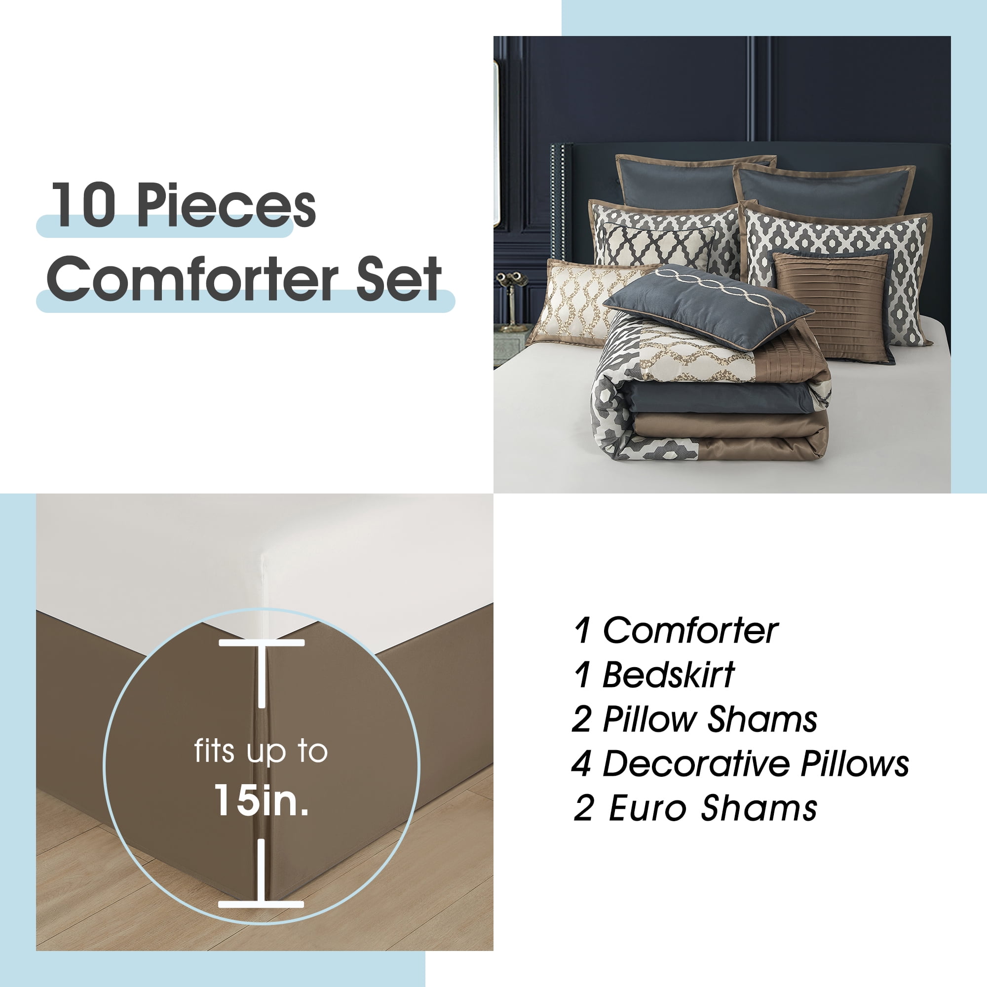 Lanco Geometirc Queen Size Comforter Set , 10 Piece , Jacquard Home Decor , Premium Lightweight Microfiber