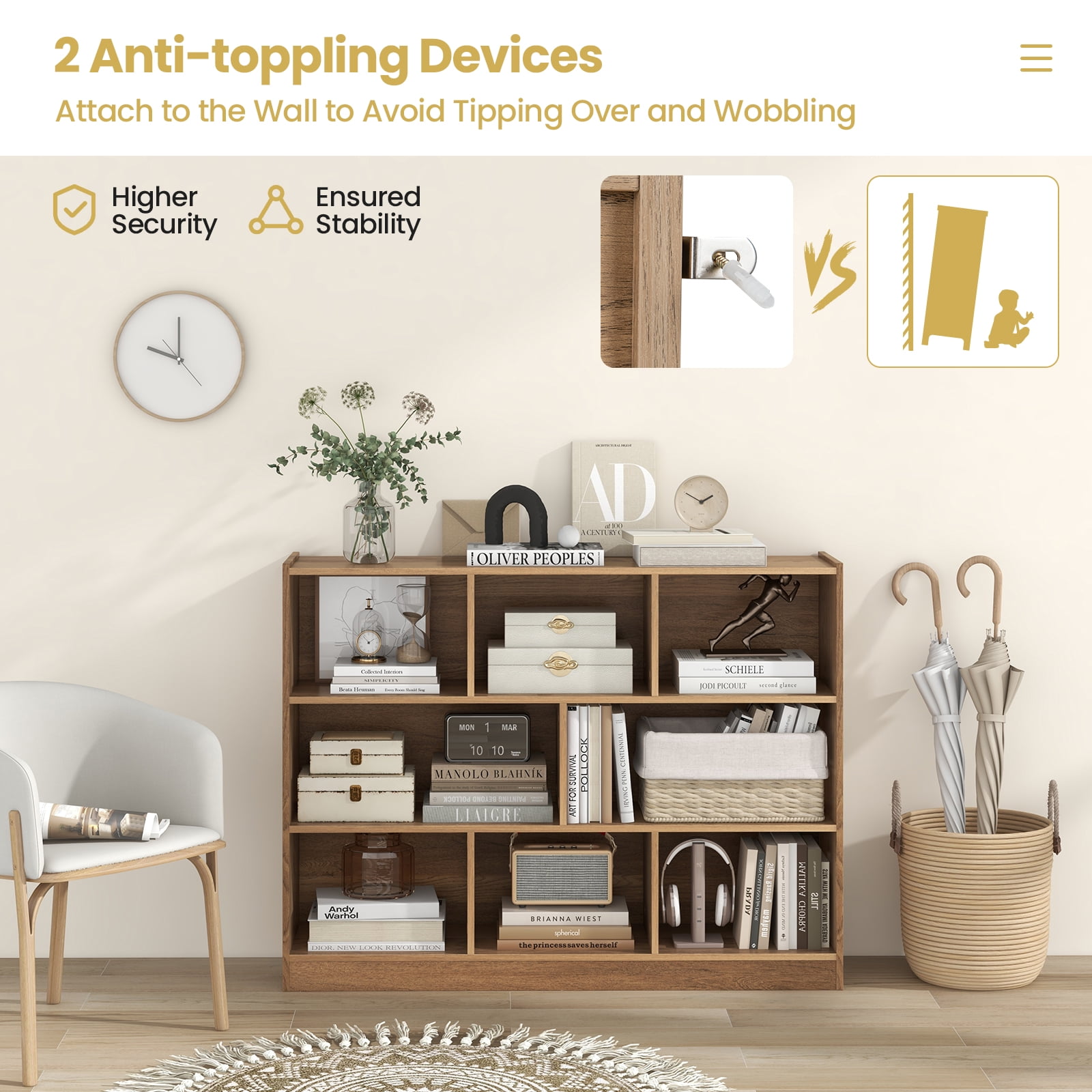 Topbuy Wood Storage Cube Bookcase 3 Tier 8 Cube Open Shelf Storage Cabinet with Anti-Toppling Devices Multipurpose Bookshelf Natural