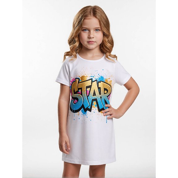 Girls Short Sleeve Dress A-Line Daily Style Fashion Casual Dress for Little Girls Age 5-10 Everyday Wear