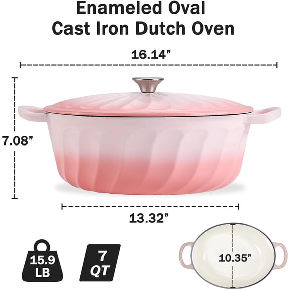 Enameled Oval Dutch Oven Pot with Lid, 7 QT Cast Iron Cookware for Baking Stewing Frying Non-Stick Gradient Pink