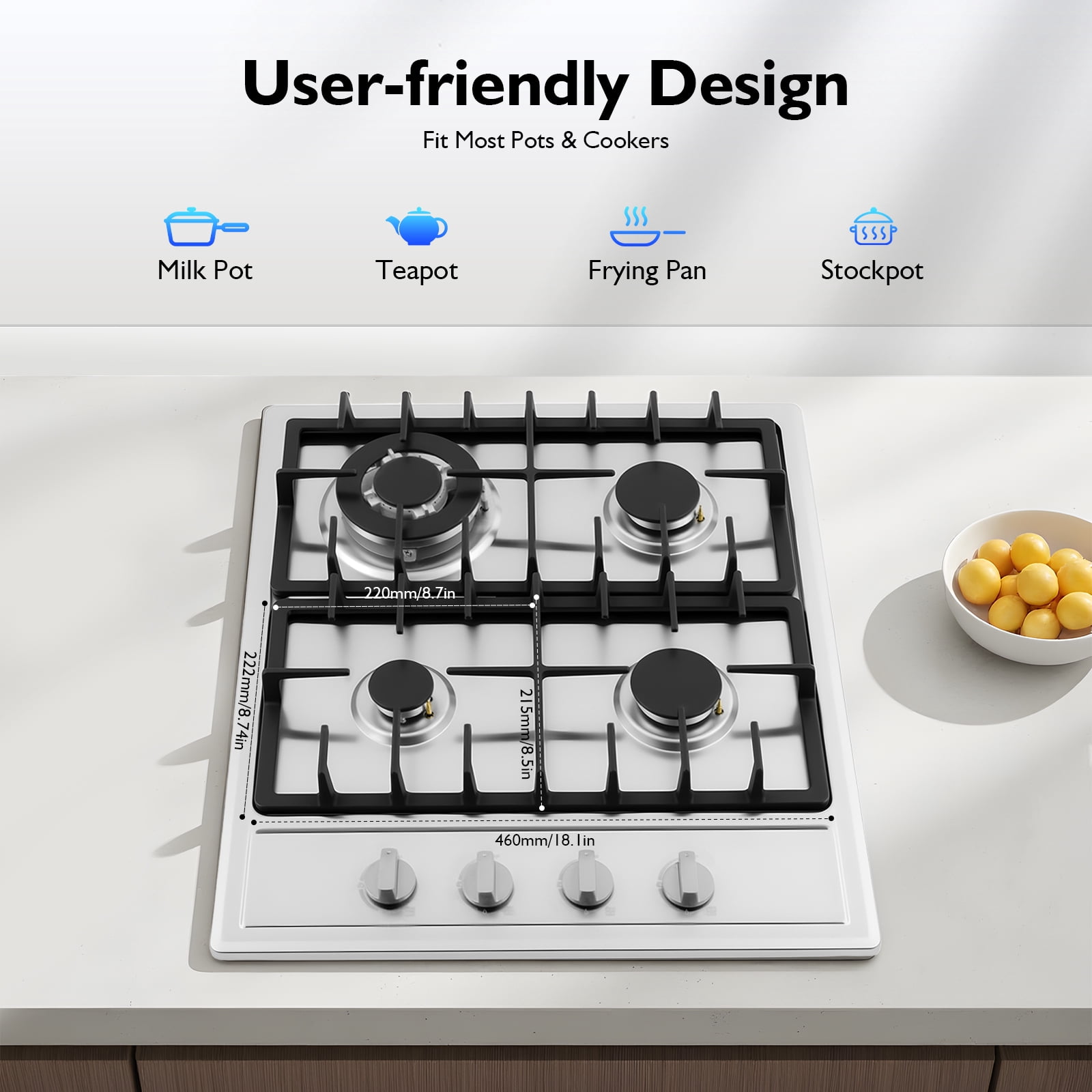 Built-In Gas Cooktop - 4 Burners, Stainless Steel, High-Powered (3KW Rapid Burner, 1.75KW Semi-Rapid, 1KW Auxiliary), Natural Gas/LPG