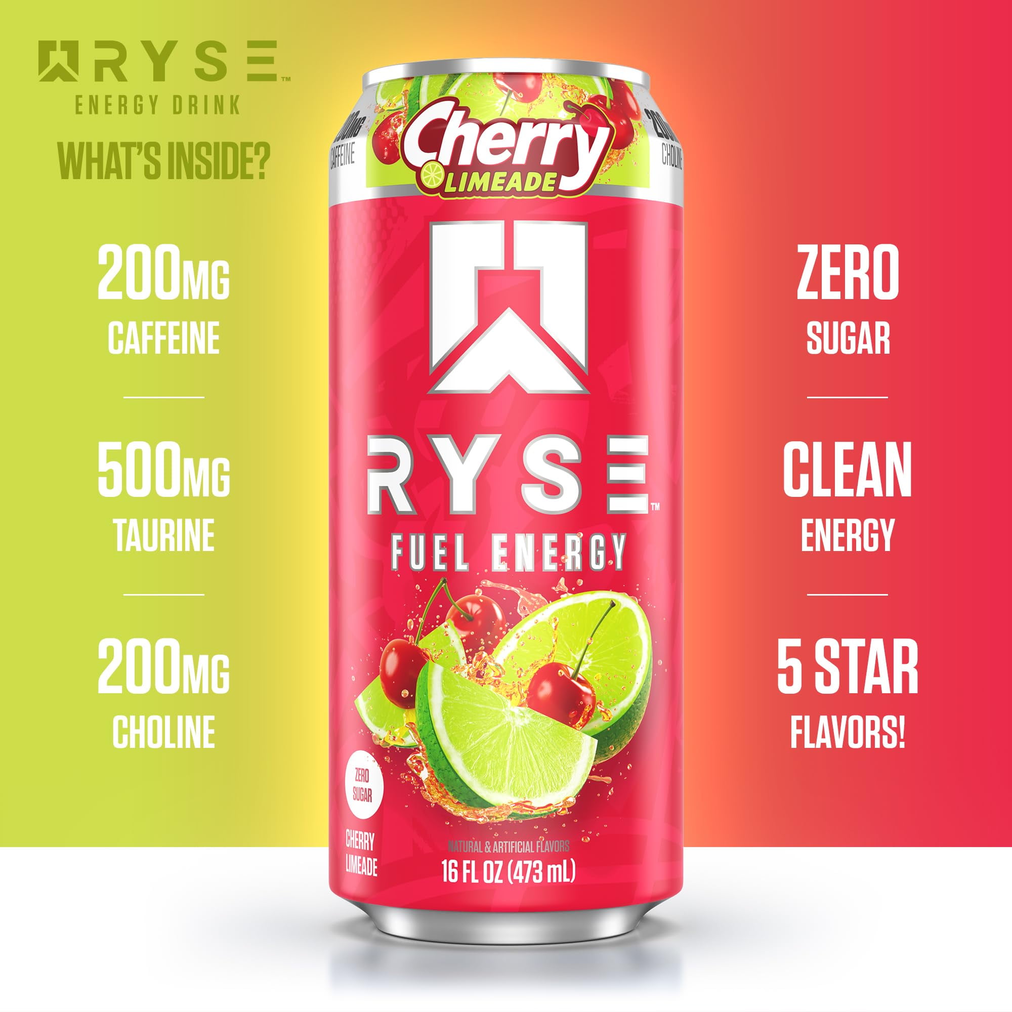 RYSE Fuel Energy Drink - Cherry Limeade - Sugar Free - 16 fl oz (12-Pack)