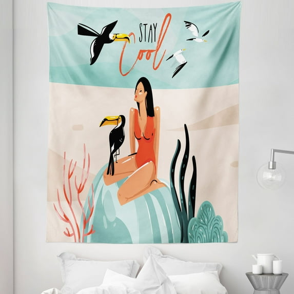 Stay Cool Tapestry, Abstract Doodle with Girl Sitting on Underwater Rock with Exotic Toucan Bird, Fabric Wall Hanging Decor for Bedroom Living Room Dorm, 5 Sizes, Multicolor, by Ambesonne
