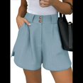 thumbnail image 3 of Pantalones Cortos de Trabajo Informales para Mujer, de Verano 2025, con Cintura Alta Elástica, Plisados, Aberturas Laterales y Bolsillos. Azul L, 3 of 9