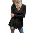 thumbnail image 1 of Color Puro Cuello En V Manga Larga Tops Mujer Moda Elegante Suelta Casual Volantes Dobladillo Camiseta para Citas Negro XL, 1 of 6