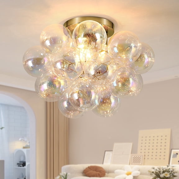 Gold Flush Mount Ceiling Light Fixture, 4-Light Iridescent Glass Globe Lamp for Kids Bedroom and Hallway