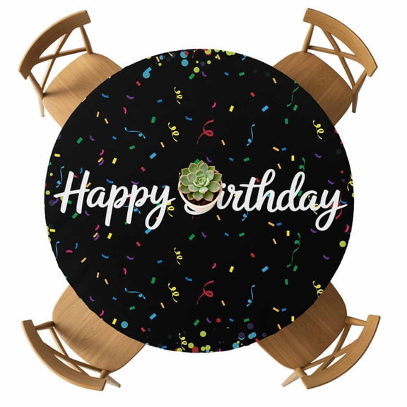 Round Fitted Tablecloth with Elastic Happy Birthday Tablecloths Waterproof Polka Dot Ribbon Celebration Black Table Cover for Kitchen Dinner Party Picnic Fits Tables up to 36"- 44" Diameter