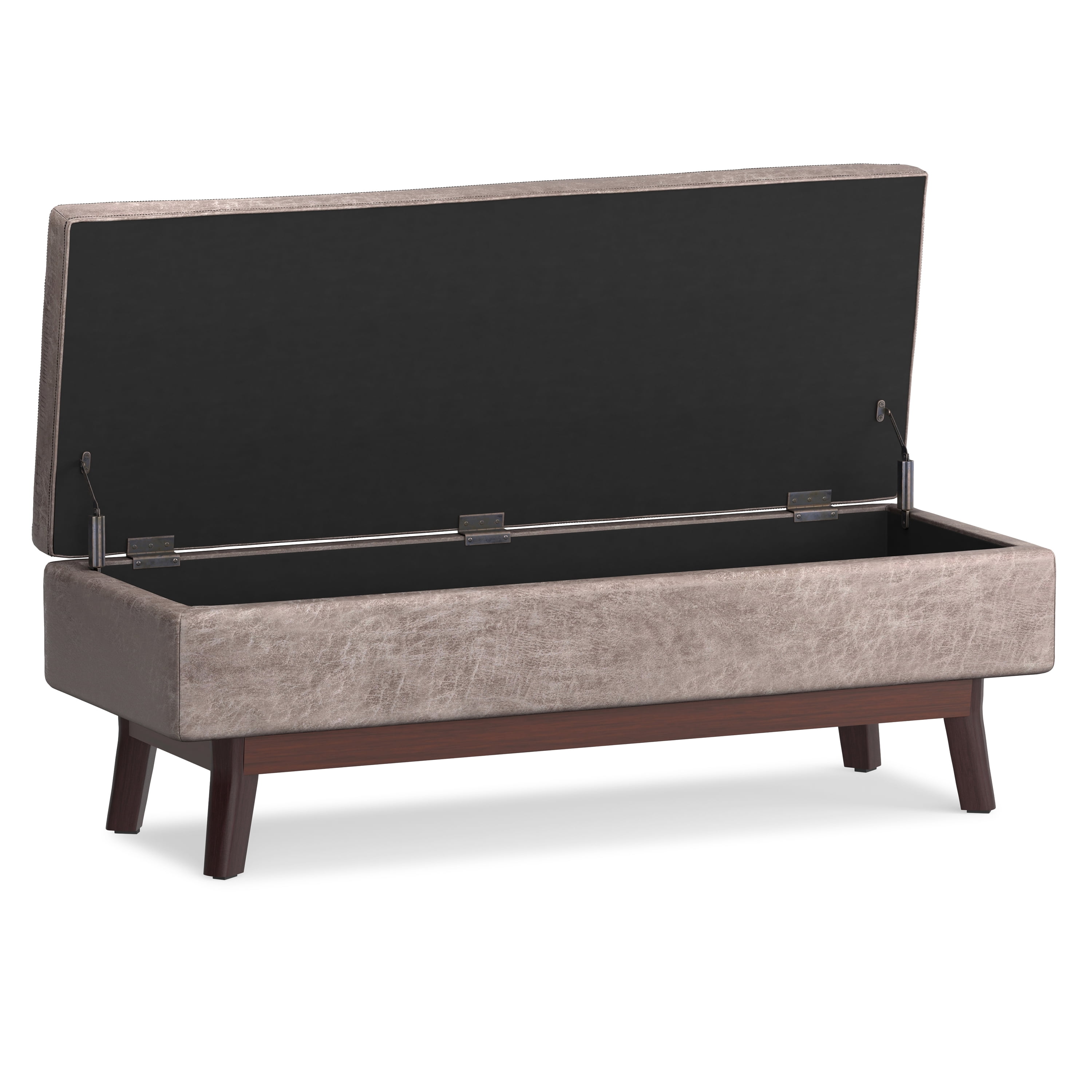 Owen 48 inch Wide Mid-Century Modern Rectangular Storage Ottoman in Distressed Grey Taupe Vegan Leather
