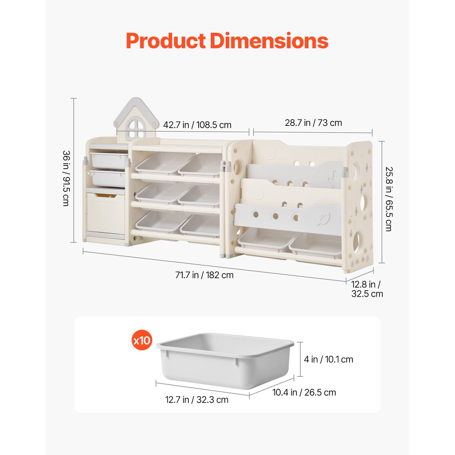 KFFKFF Kids Toy Organizer with Bookshelf, 4-Tier Storage Unit with 10 Removable Plastic Bins, Multi-Functional Cabinet for Study Room, Bedroom, Playroom, Classroom, Nursery, Gray and Beige