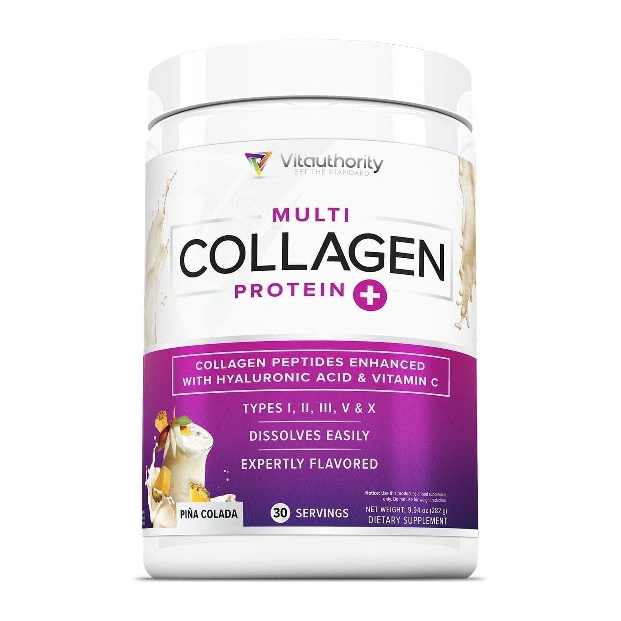 Vitauthority Multi Collagen Peptides Hydrolyzed Protein Powder with Hyaluronic acid & Vitamin C, Pina Coladae, 9.7 oz