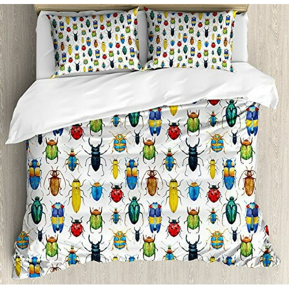 Ambesonne Watercolor Duvet Cover Set, Colorful Insects with Brush Strokes Effect Various Kinds of Bugs Illustration, Decorative 3 Piece Bedding Set with 2 Pillow Shams, Queen Size, Rain