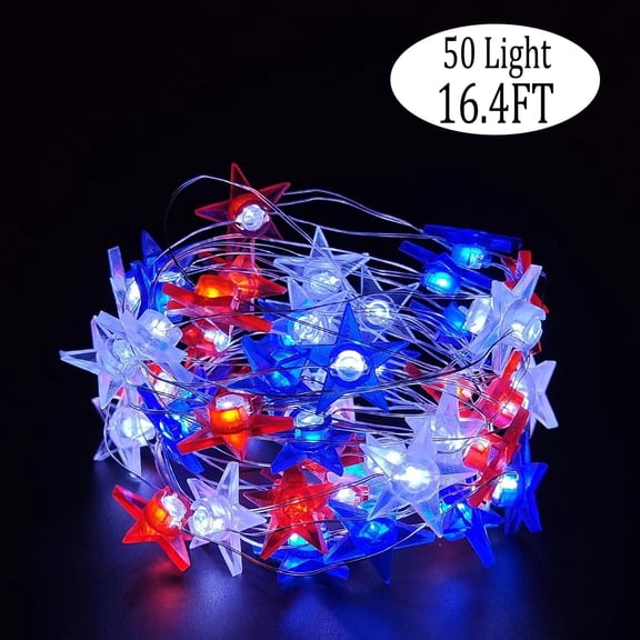 Patriotic String Lights 50 LED Red White and Blue Lights 4th of July Memorial Day Party Indoor Outdoor decor 16.4 Ft