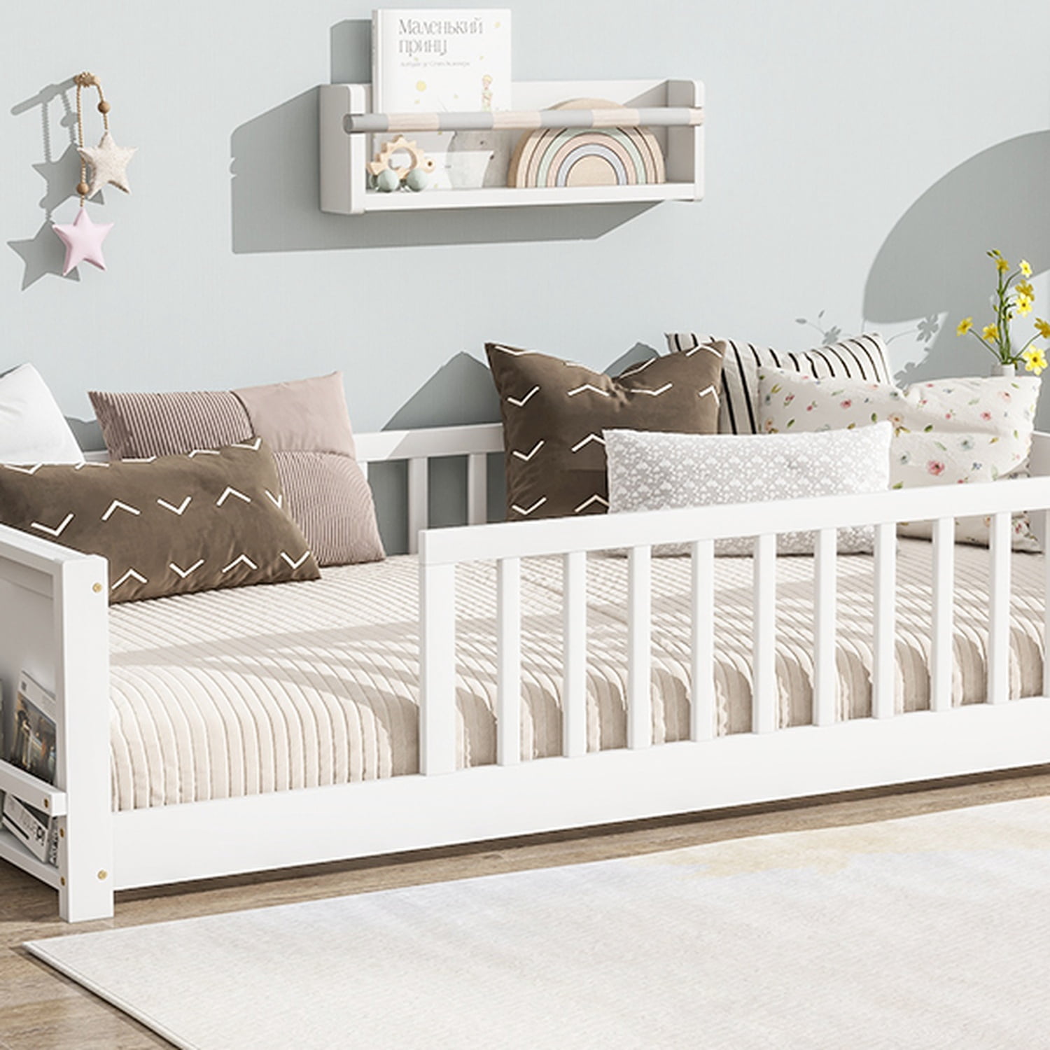Alvantor Montessori Floor Bed Twin Size for Kids, Toddler Wooden Platform Bed White