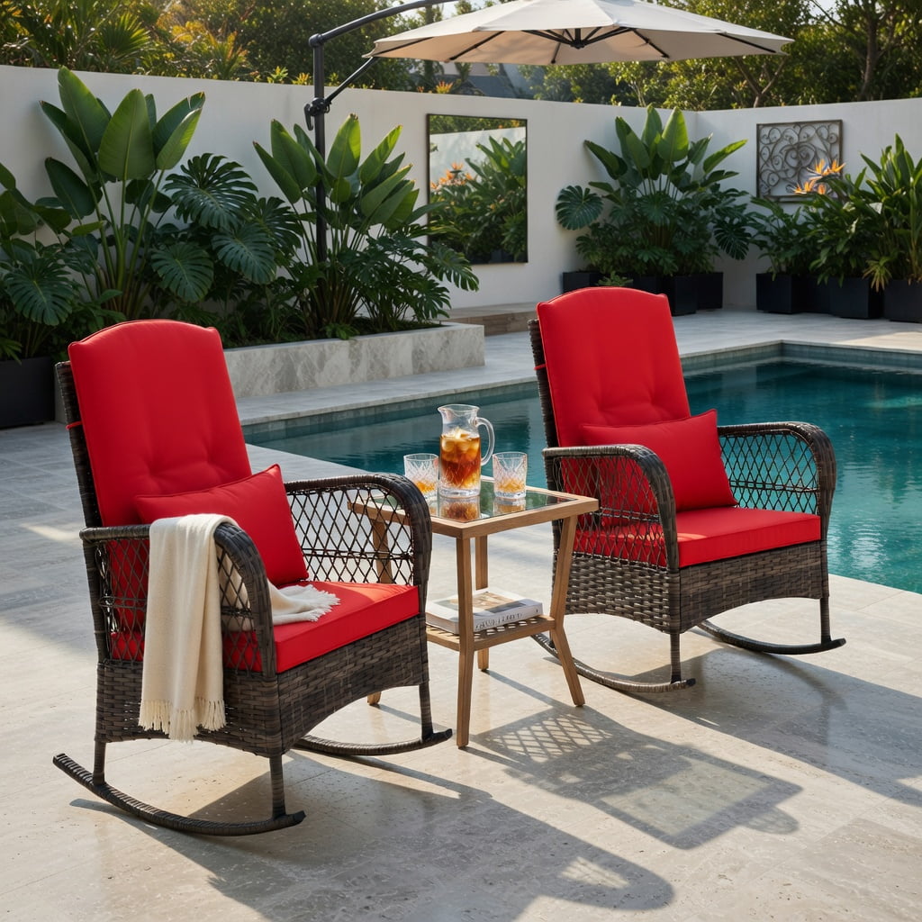 Hommoo 3-Piece Rocking Bistro Set with 2-Tier Tempered Glass Coffee Table, PE Rattan Outdoor Chairs, Red