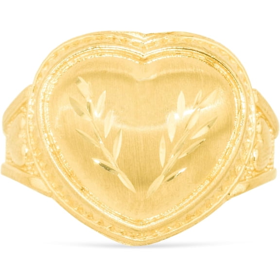 Floreo 10k Yellow Gold 16mm Domed Heart with Leaf Design Ring, Sizes 4 - 12