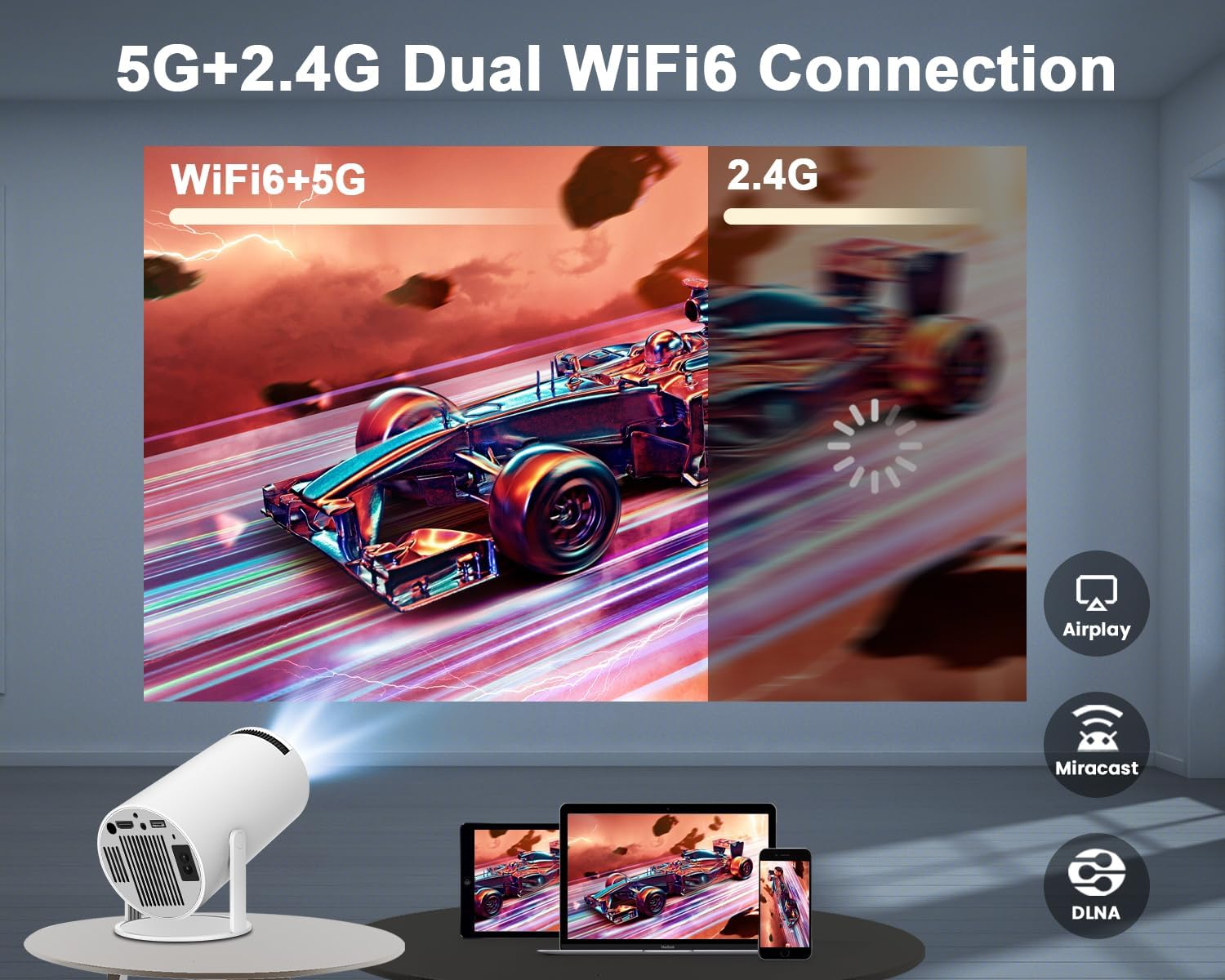 4K Mini Projector with WiFi 6 & Bluetooth 5.0, Portable Smart Home Theater Projector 1080P, 180° Rotatable, Auto Keystone, Android 11, Netflix Built-in, HDMI/USB, 200 ANSI for Movies, Gaming, Outdoor