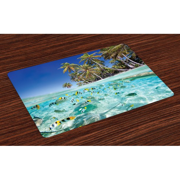 Tropical Placemats Set of 4 Exotic Island Above and Underwater Picture Scenic Polynesian
