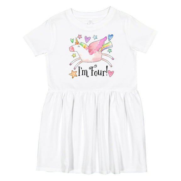 Inktastic I'm 4 Cute Rainbow Unicorn with Stars and Hearts Girls Toddler Dress