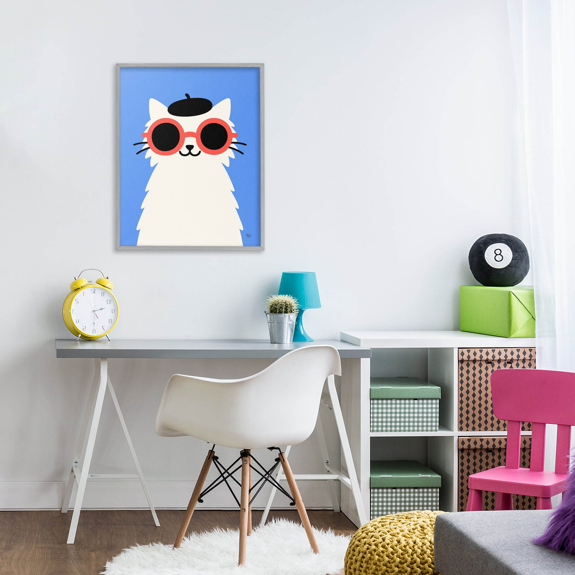 Stylish French Cat Gray Framed Giclee Art, design by Jessica Beck