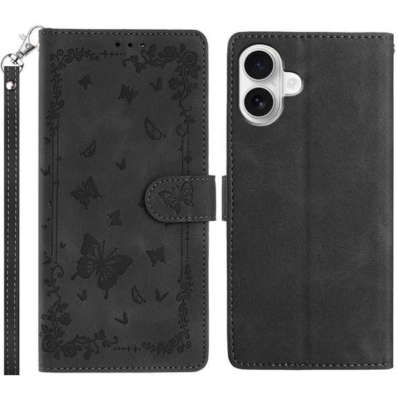 Decase Flip Wallet Case for iPhone 17,Embossed Butterfly Flower Pattern Leather Cover with Credit Card Slots & Wrist Strap, Shockproof Skin-Friendly Case,Black