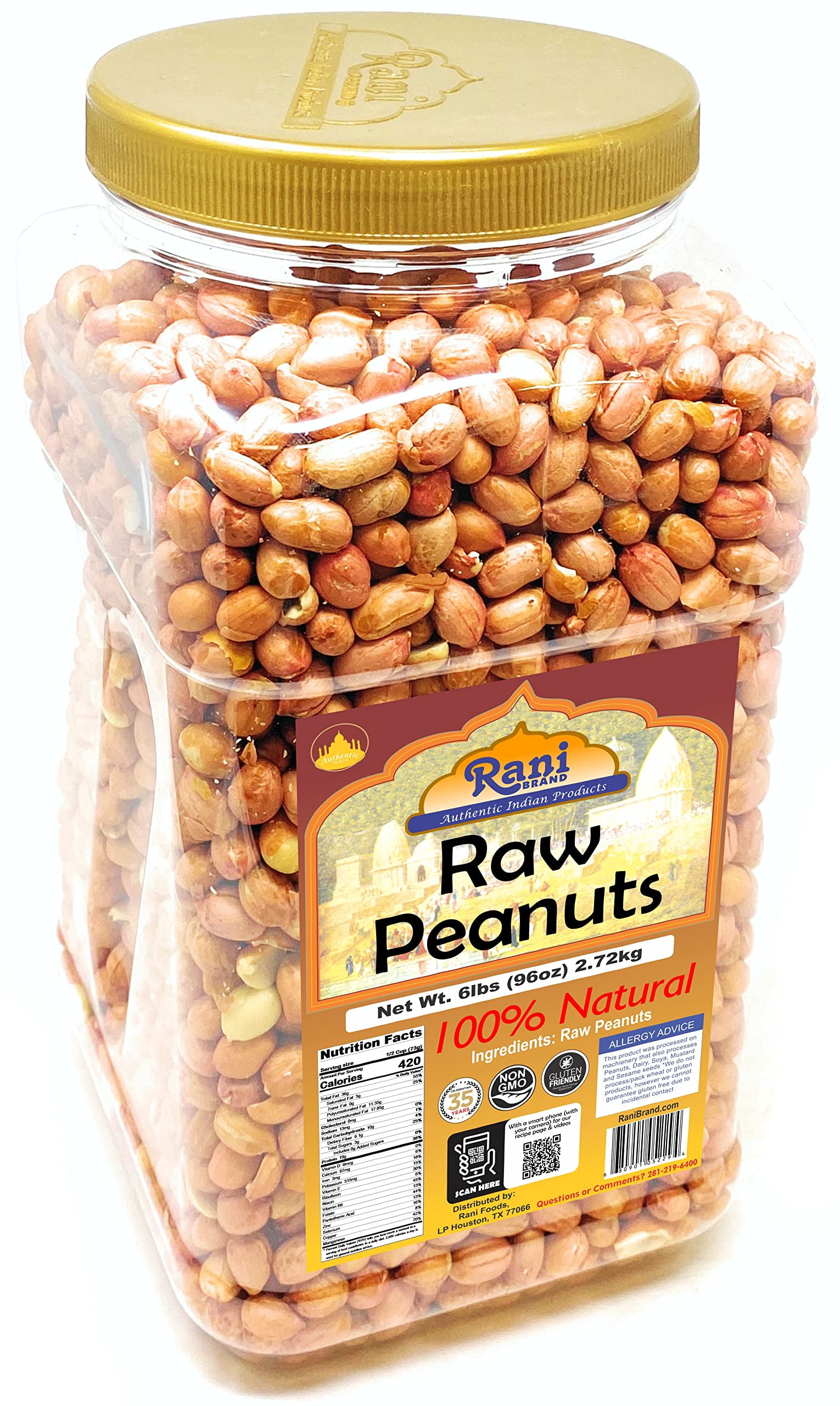 Rani Peanuts, Raw Whole With Skin (uncooked, unsalted) 6lbs (96oz) 2.72kg Bulk PET Jar ~ All Natural | Vegan | Gluten Friendly  ~ Spanish Grade Groundnut / Red-skin