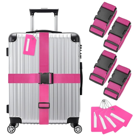 4-Sets Luggage Straps TSA Approved, Luggage Straps Suitcase Tags Set Adjustable Suitcase Belt [Rose Red]