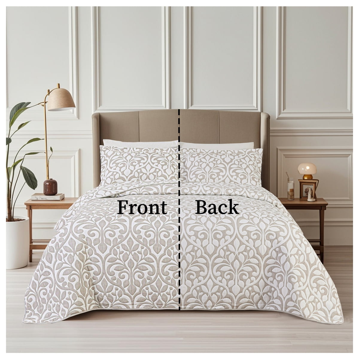 Couvre-lit brodé en jacquard Marina Decoration, couvre-lit ultra doux, parure de lit réversible d'été avec taies d'oreiller matelassées, motif de feuilles grises