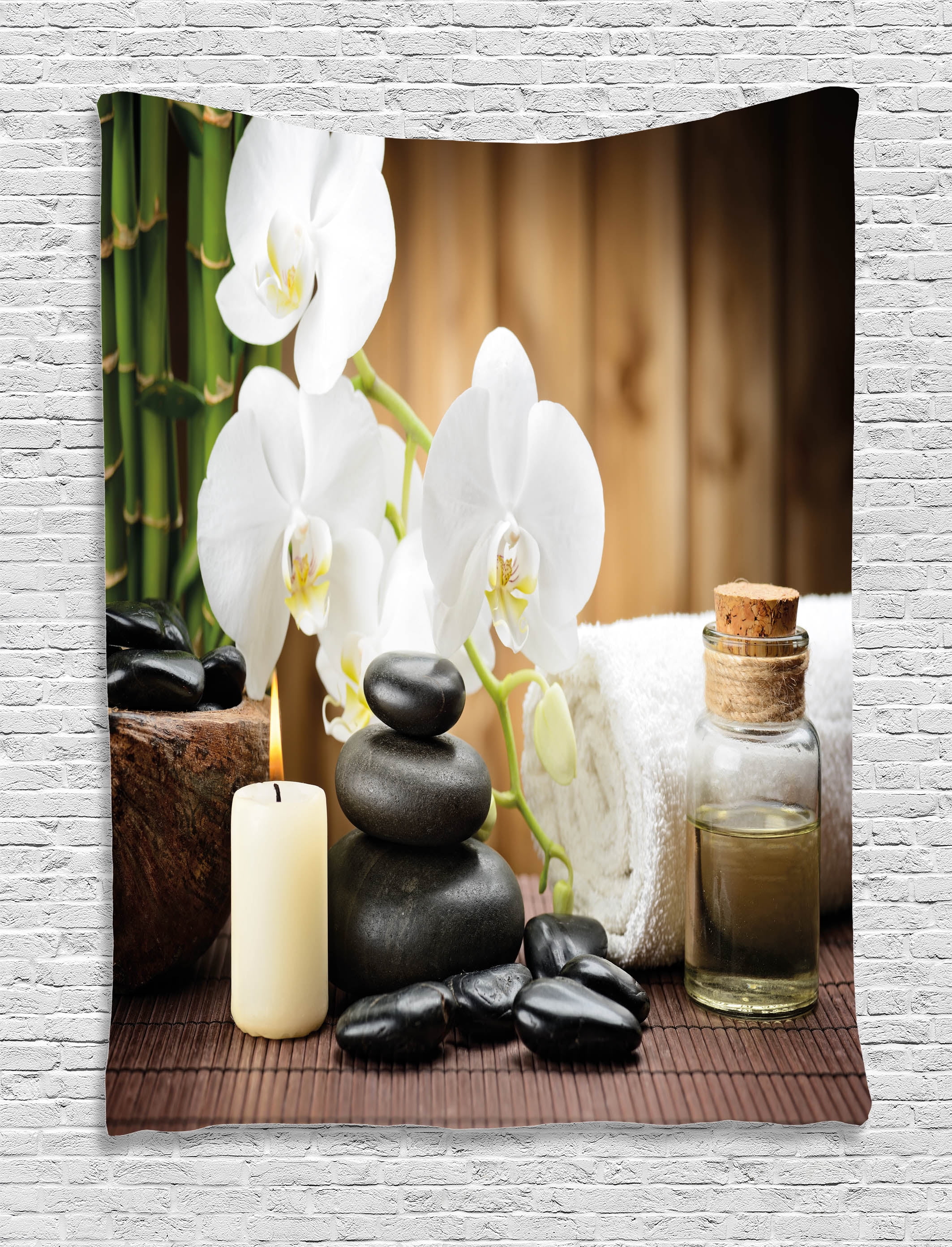 Spa Tapestry Asian Style Arrangement With Zen Stones Candle Flowers And Bamboo Art Wall Hanging For Bedroom Living Room Dorm Decor White Green