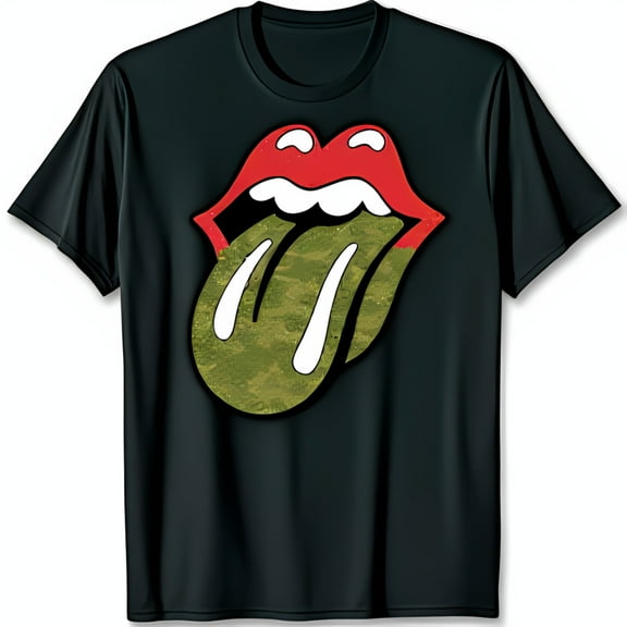 Black T-Shirt with Unique Red and Green Textured Tongue Design Fun Graphic Tee