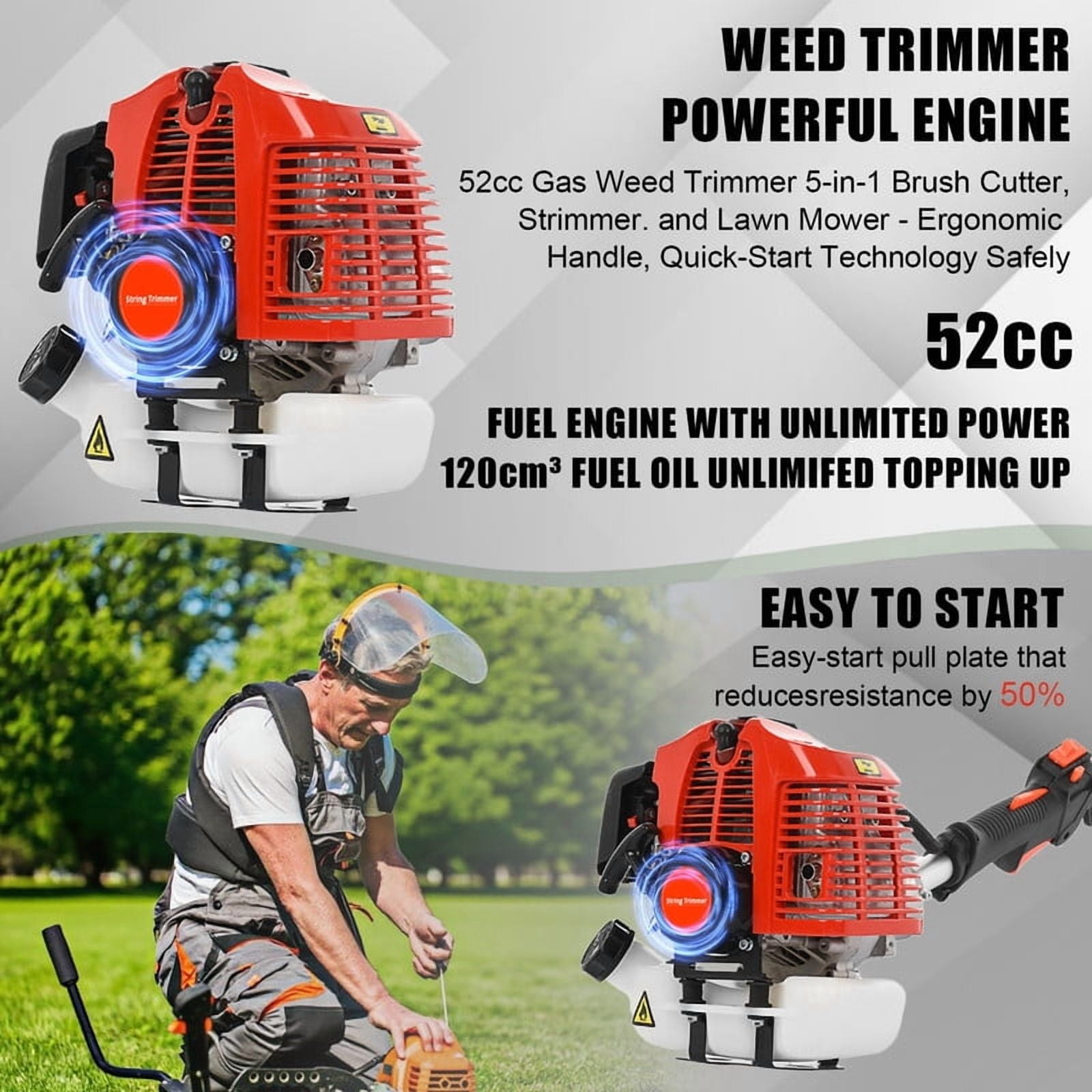 YNCE Powerful Gas String Trimmer,Hedge Trimmer,Full Functioning Guard Accessories String Trimmers Lawn Mower 52CC Petrol Hedge Trimmer Chainsaw Brush Cutter
