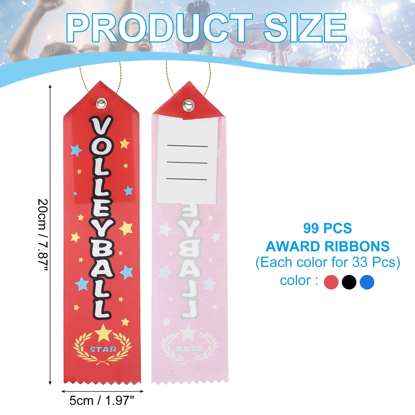 Uxcell 99 Pcs Award Ribbons, 8 x 2 Inch CHEER/SUPERSTAR/VOLLEYBALL Participation Ribbons Soccer Medal Ribbons Bulk Black/Red/Blue