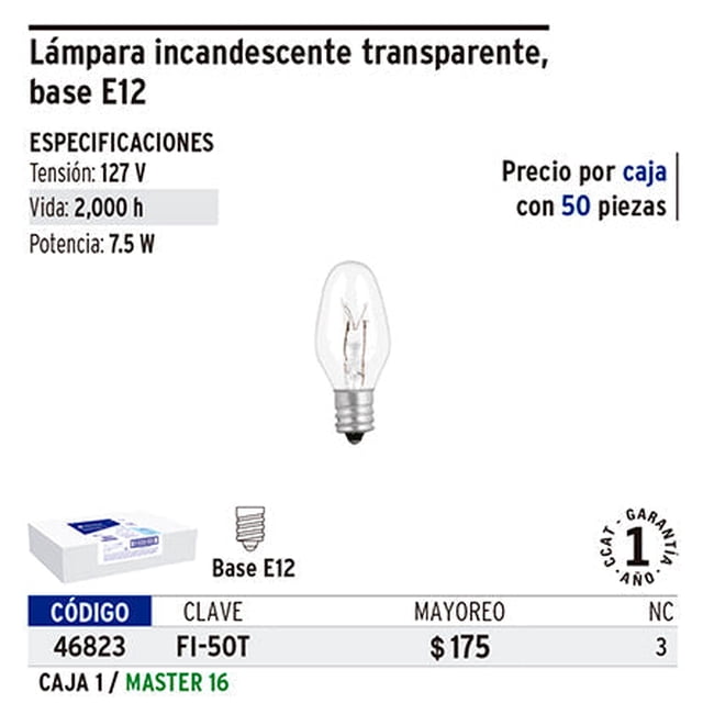 Focos incandescentes transparentes,base E12,7.5watts, 50pzas Volteck Focos incandescentes transparentes,base E12,7.5watts, 50pzas