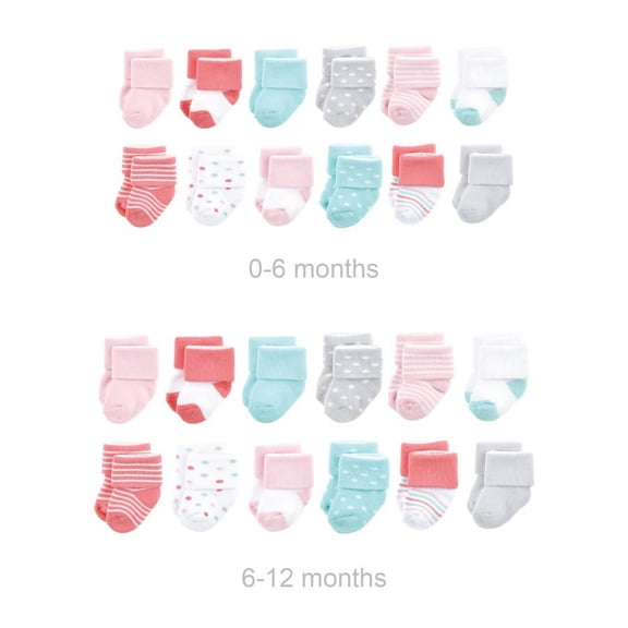 Luvable Friends Infant Girl Grow with Me Cotton Terry Socks, Coral Dots, 0-6 and 6-12 Months