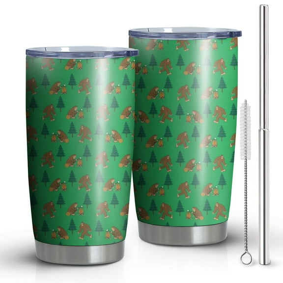 20oz Tumblers Green Bigfoot and Campfire Pattern Stainless Steel Vacuum Insulated Double Wall Travel Tumbler Cups Mug with Lid and Straw,Cleaning Brush for Cold & Hot Drinks