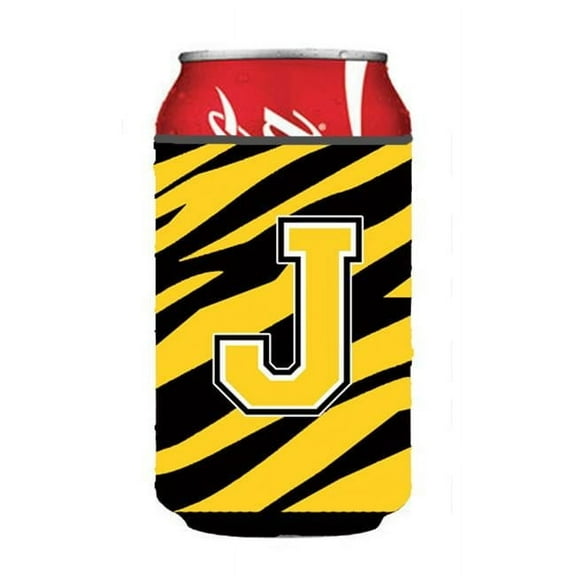 Letter J Initial Monogram - Tiger Stripe - Black Gold Can Or Bottle  Hugger