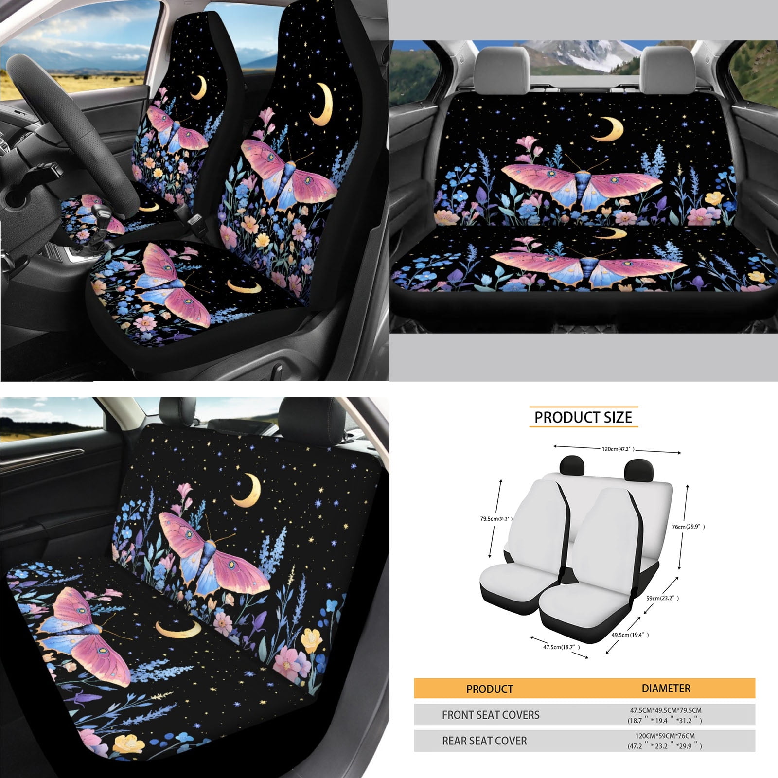 Yuyamidu Butterfly Car Seat Cover Full Set with Steering Wheel Cover Flower Seat Belt Strap Pads Cup Coasters Trash Bag Rearview Mirror Cover Armrest Cover Pad Auto Handbrake Cover Set of 14