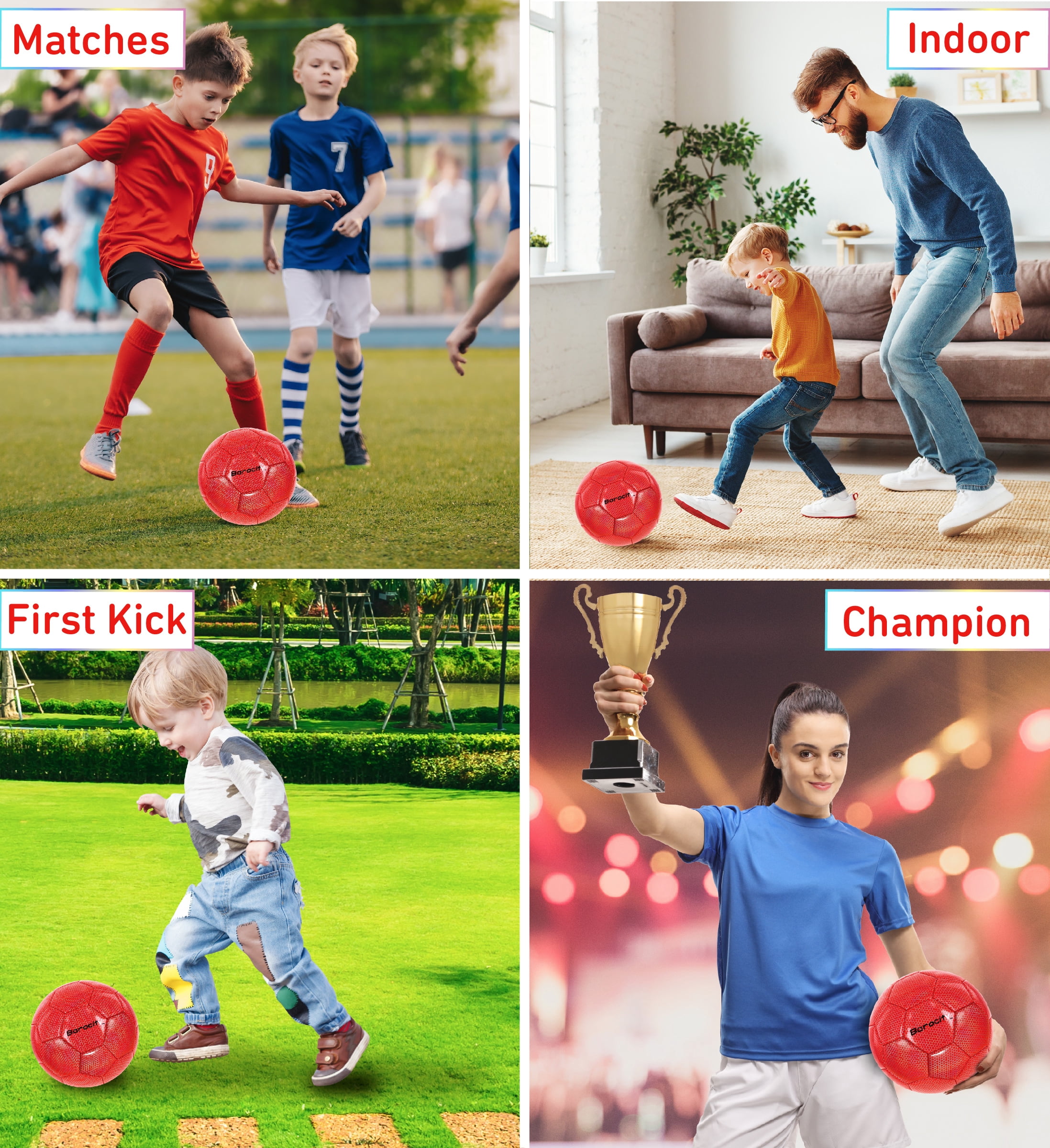Barocity Iridescent Soccer Balls Set of 3 - Mixed Sizes Red Official Match Balls with Reflective Hex Pattern, Sport Soccer Balls for Indoor and Outdoor Training and Practice Games- Sizes 3, 4, and 5