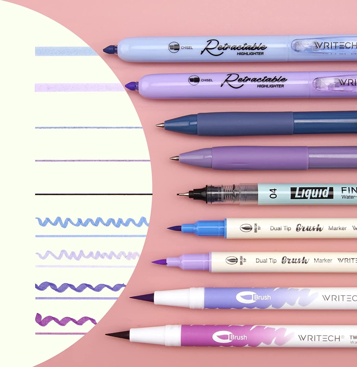 WRITECH Journaling Kit, Gel Ink Pens/Retractable Highlighters/Dual Tip Brush Pens/Fineliner Pens, Smooth Writing Assorted Colors Journaling Supplies, 9 Count with Pen Bag (Haze blue & purple)