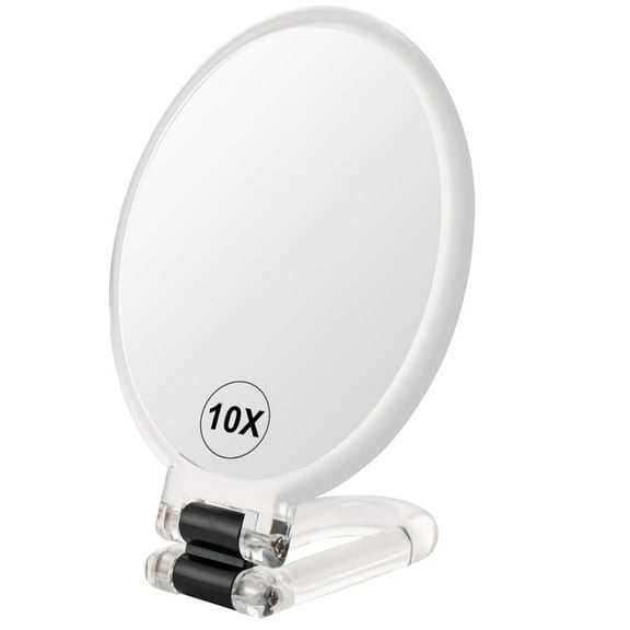 1X/10X Magnifying Handheld Mirror Double Sided, Foldable Travel Makeup Mirror, Adjustable Rotation Pedestal Hand/Hanging/Desk Vanity Mirror-Clear