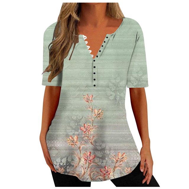 Penkiiy Tunique Florale pour Femmes Blouse Décontractée Col en V Manches Courtes Boutons T-Shirts 2TG Vert Menthe