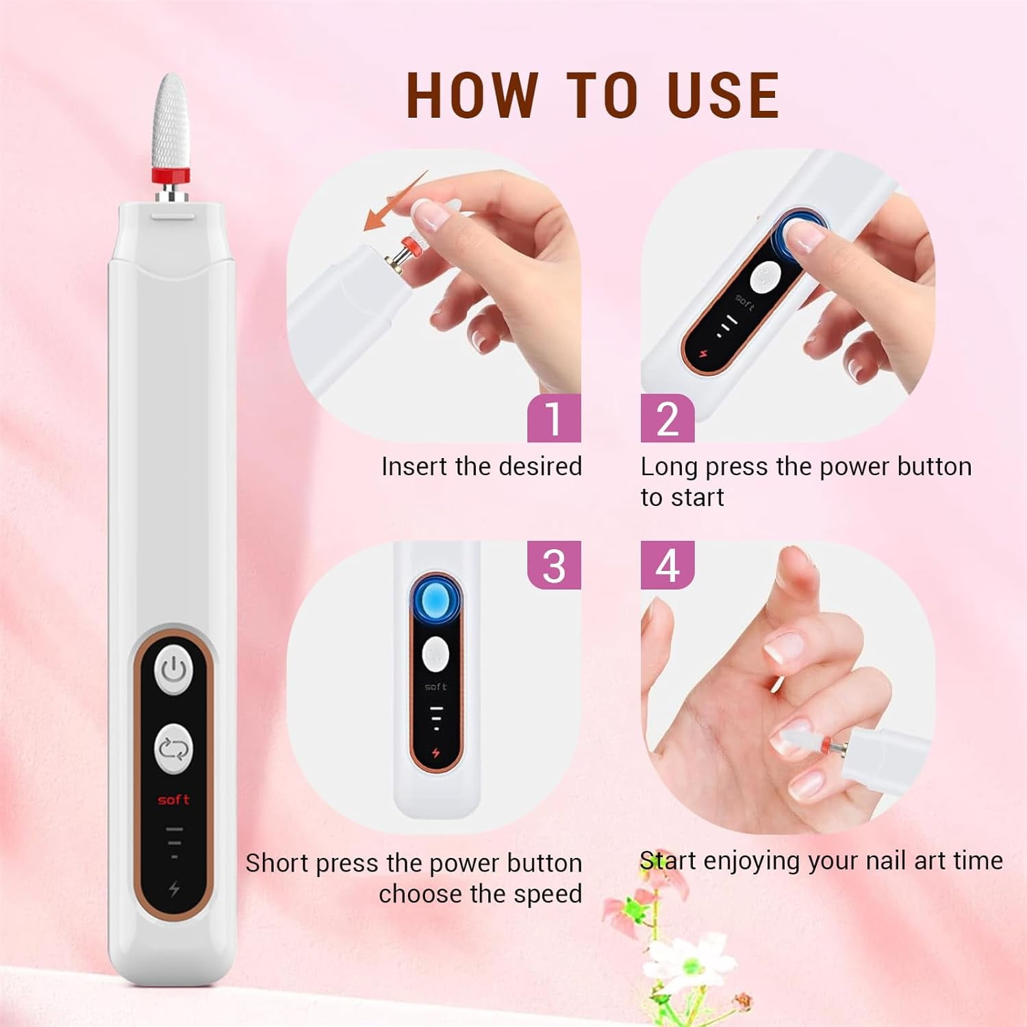 SONGAUN 3 Speeds Electric Nail File for Thick Toenails Set, 15000RPM Nail Grinder with 6 Drill Bits for Thick Toe Nails for Various Nails and Shapes