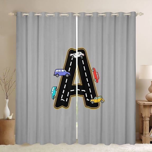 Manfei Letter A Monogrammed Black Out Curtains,Colorful Racing Car Curtains Pack of 2 (42x63 Each),Gray Black Bedroom Curtains For Boys,Microfiber Room Decorative