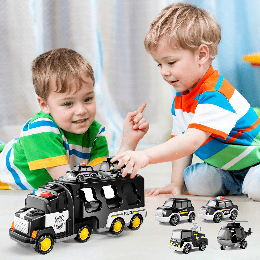 PayUSD Construction Toddler Police Truck Car Toys for 3 4 5 6 Year Old Boys 5 in 1 Construction Car Trucks Playset with Play Mat & Accesoories, Birthday Gifts for Toddlers Kids Boys Girls Age 3-5