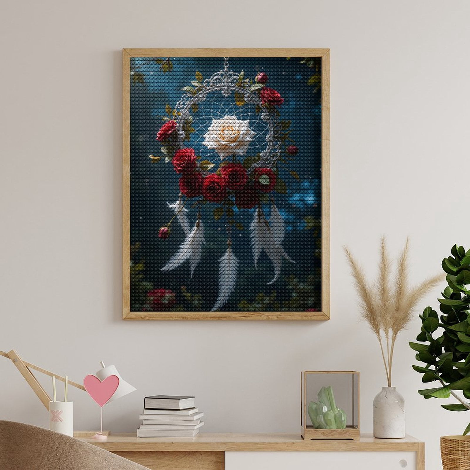 Diamond Art Kits for Adults, Dreamcatcher Rose Feathers Art Gem 5D Diamond Painting Kits for Adults Beginners, DIY Full Drill Diamond Painting, Gem Art and Crafts 12x16