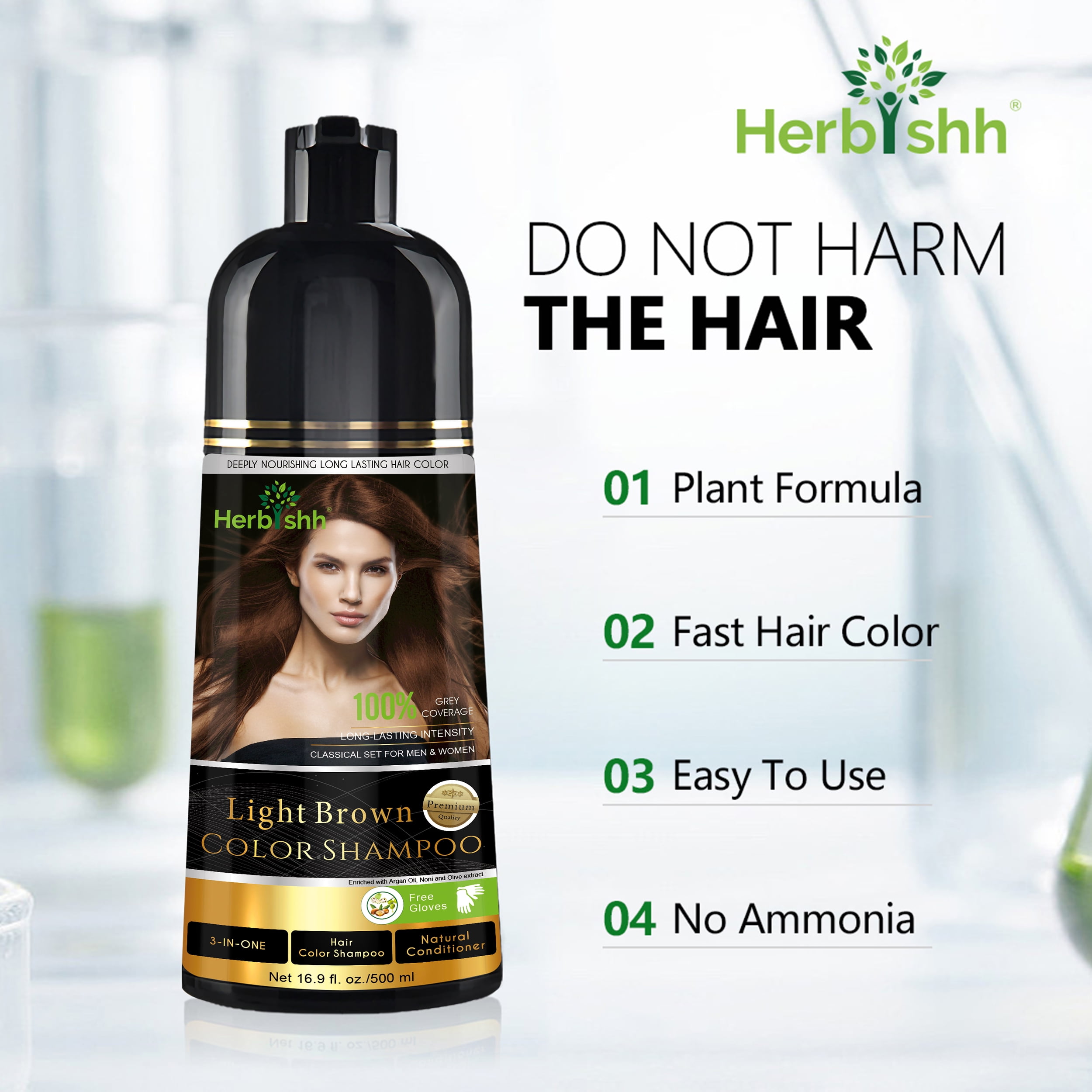 Herbishh Light Brown Hair Dye Shampoo 500ml, Long Lasting Color Shampoo for Grey Hair, 3-in-1 Natural Hair Dye, Ammonia-Free Formula, Hair Color for Women & Men,
